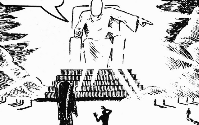 Tecknad ansiktslös gigant sitter på en tron