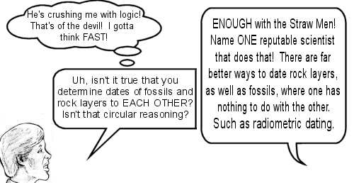 Student: He is crushing me with logic! Isn't it true that you determine dates of fossils and rock layers to EACH OTHER. Isn't that circular reasoning? Teacher: ENOUGH with the Straw Men! Name ONE reputable scientist that does that! There are far better ways to date rock layers, as well as fossils, where one has nothing to do with the other. Such as radiometric dating.