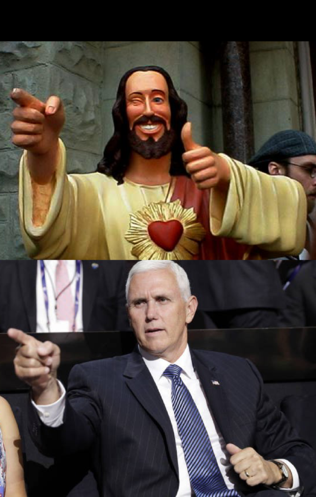 Jesus pekar, ler och gör tummen upp. Under honom Mike Pence med en liknande gest.