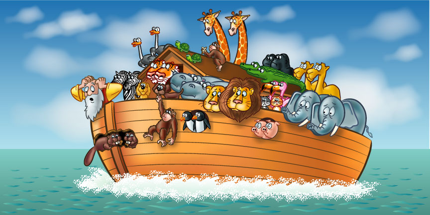 Tecknad bild av Noas ark med giraffer, elefanter, lejon, pingviner, strutsar, apor, bävrar och andra djur