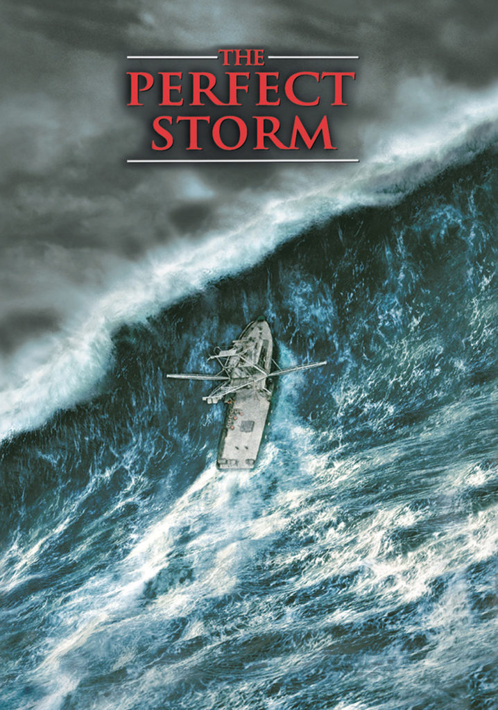 Filmplansch med en fiskebåt på väg att kapsejsa i en jättevåg. Namn på filmen: Den perfekta stormen.