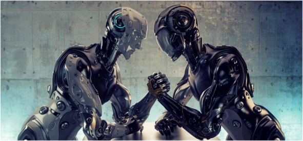 Två robotar av stål som bryter arm med varandra