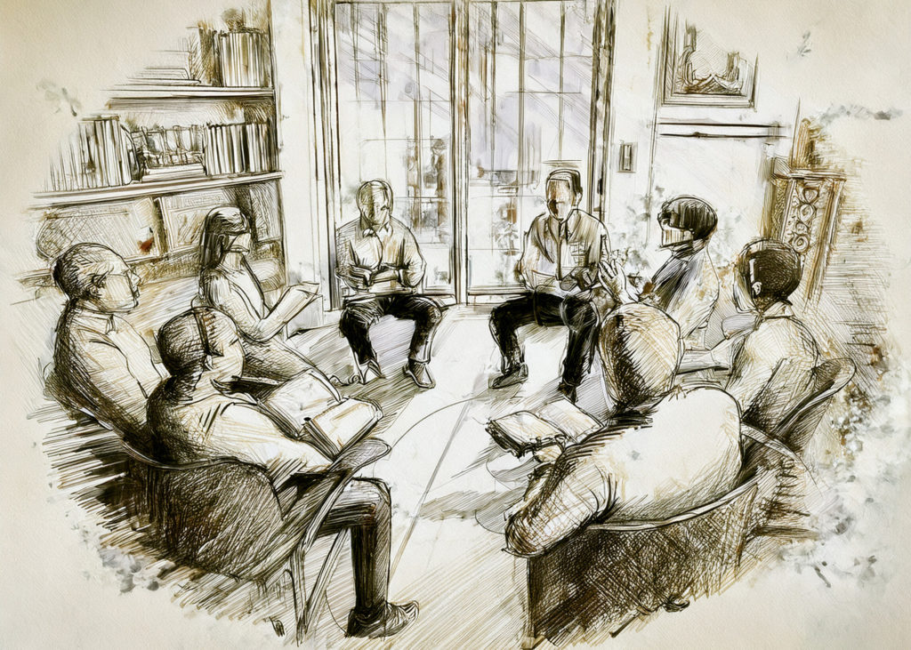 En skiss med människor som sitter i en ring i ett vardagsrum.