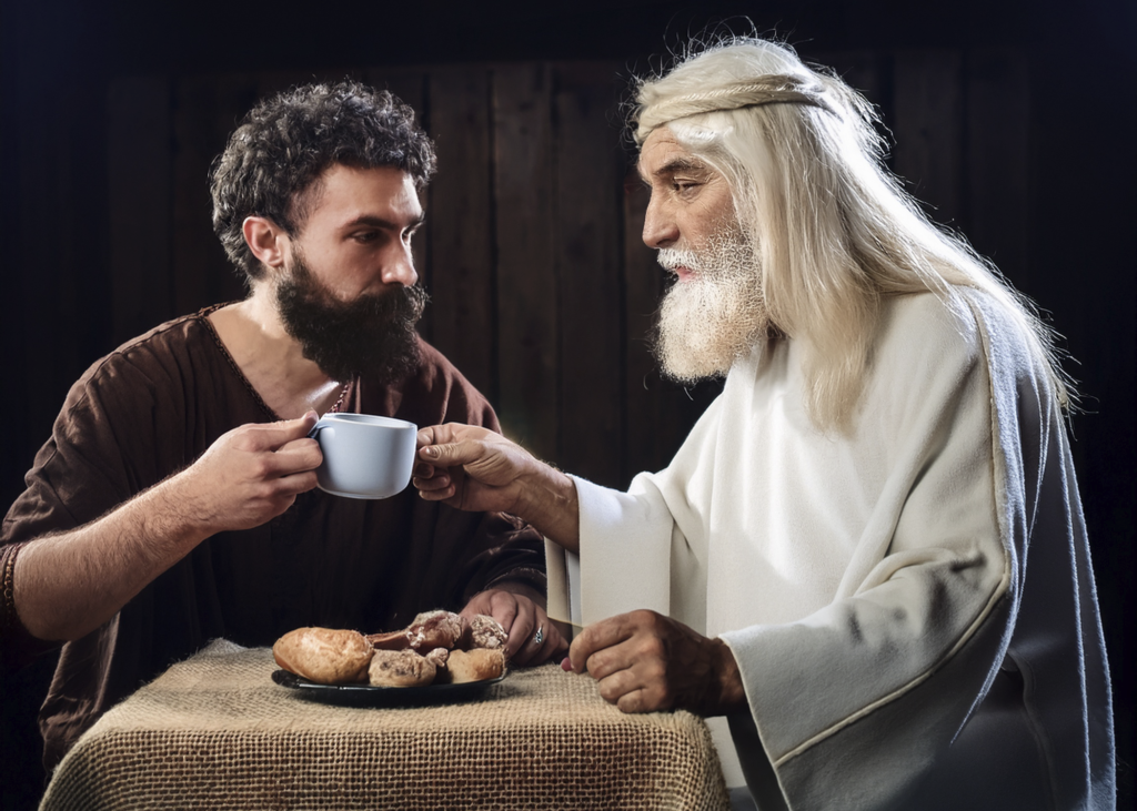 AI-skapaf´d bild. En gammal och en ung man delar en måltid. En modern kopp har ett öra åt vardera hållet och de håller båda i den.